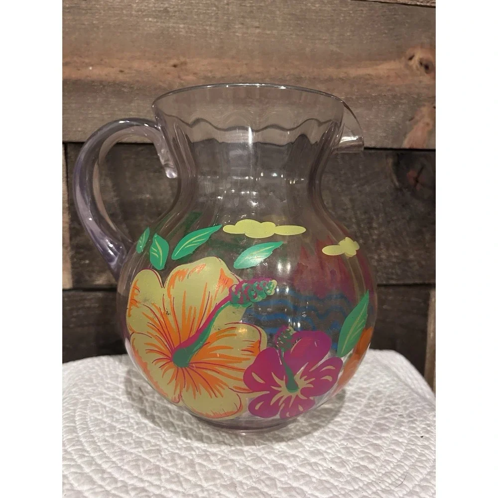 Hand Painted Clear‎ Plastic Pitcher Floral Design Drinkware Beverage Server 9